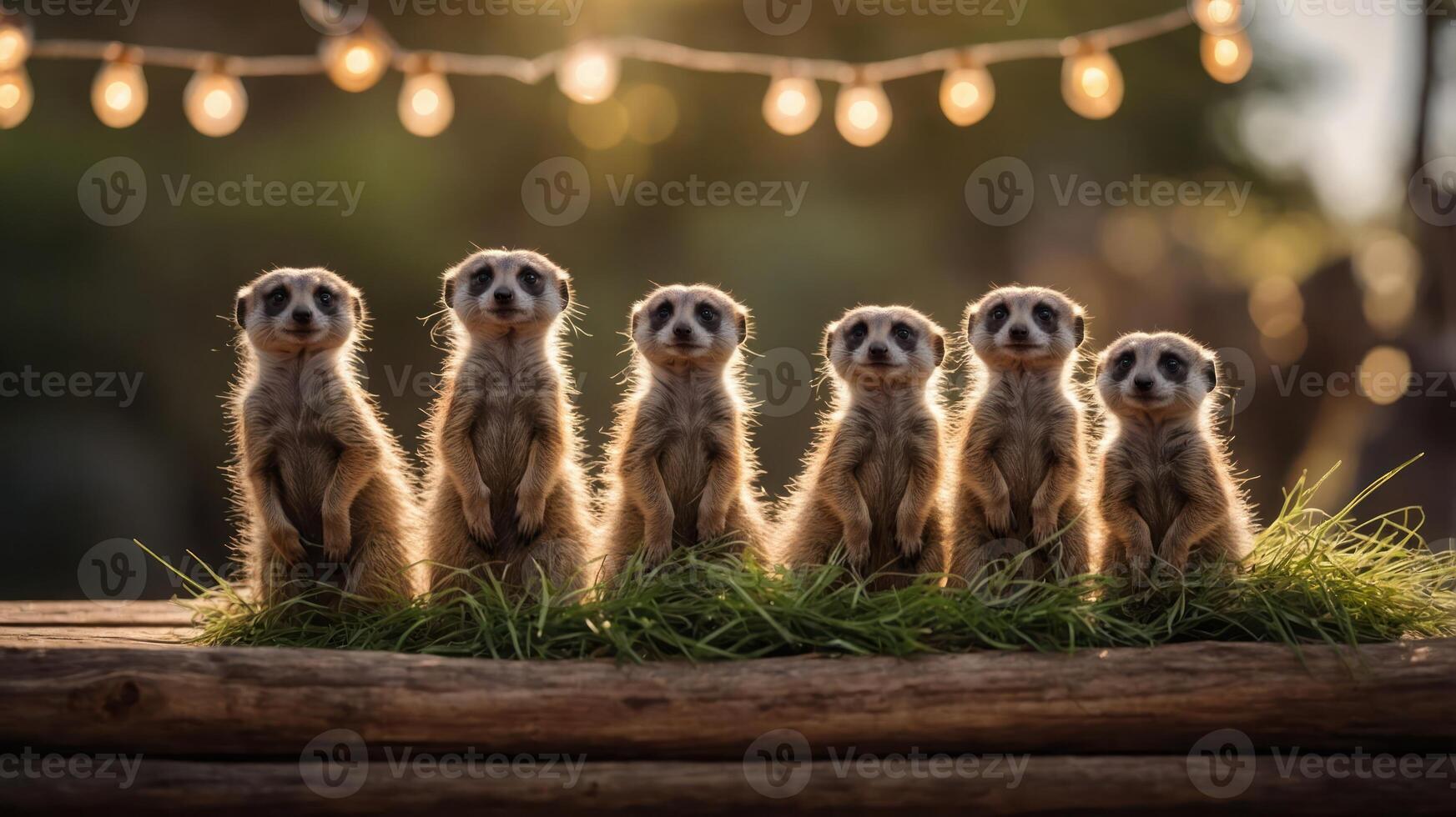 Six meerkats standing on a log, surrounded by grass and illuminated by string lights. photo