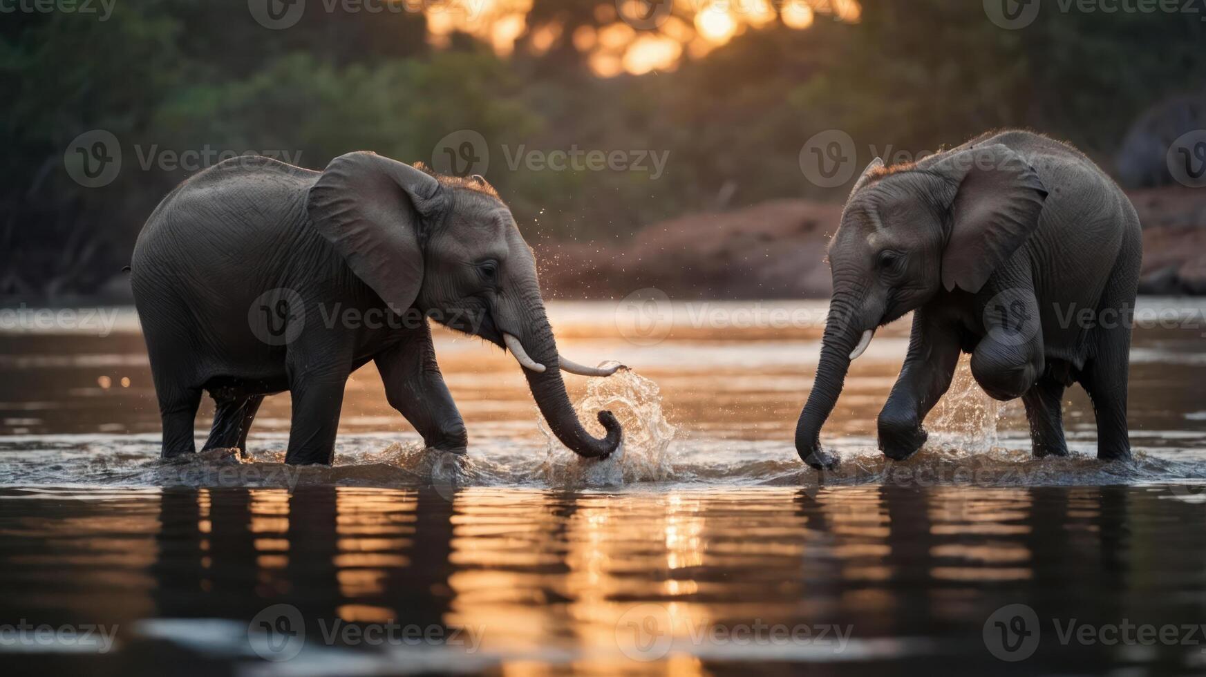 Two elephants playfully splash in a river at sunset, showcasing their natural behavior. photo