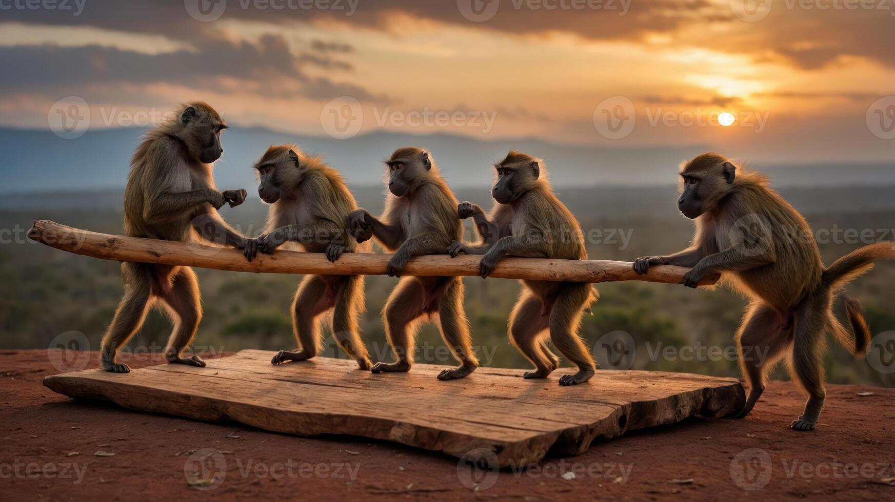 A group of baboons playfully balancing on a log during sunset. photo