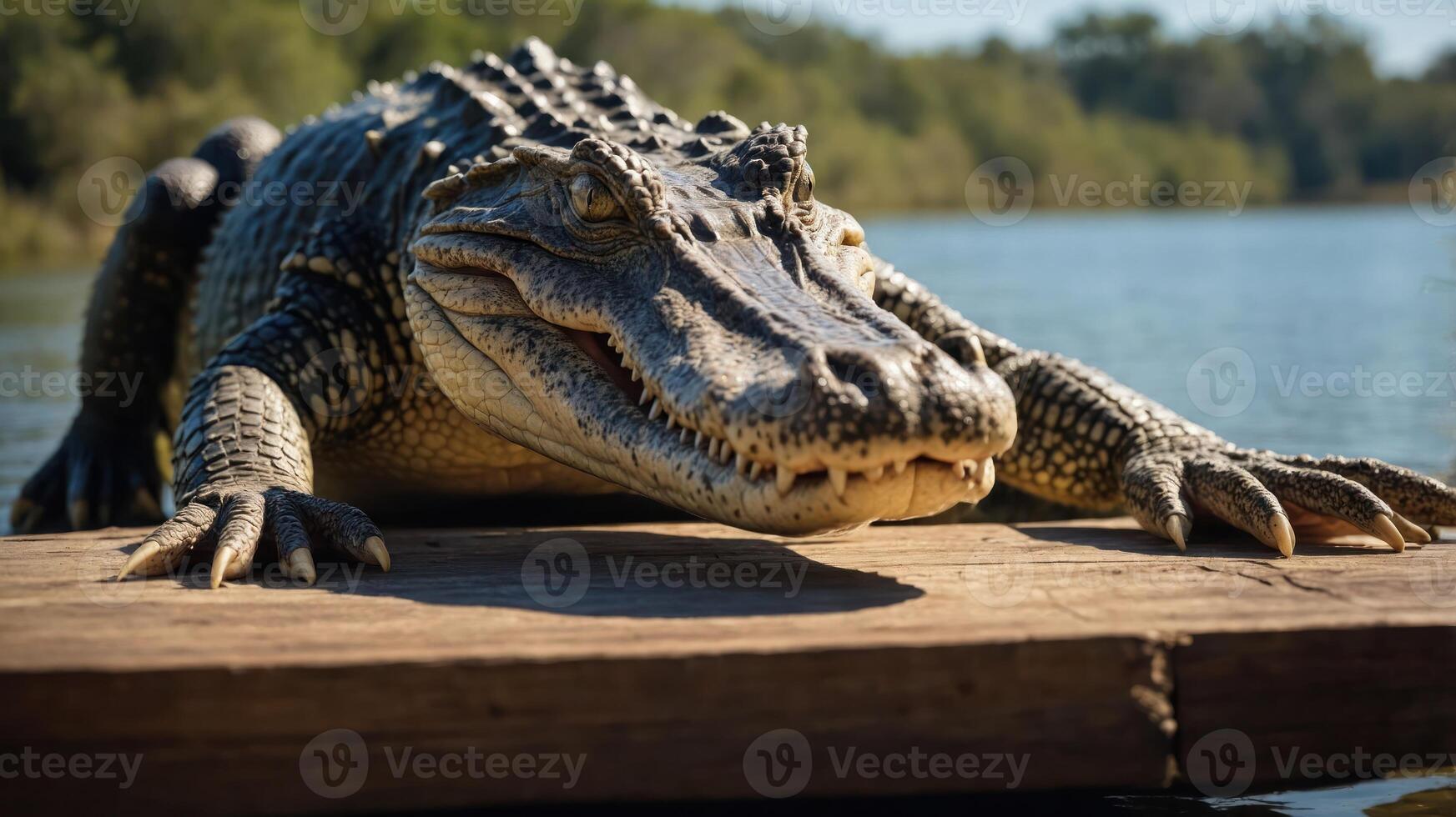 A close-up of a crocodile resting on a wooden platform by the water's edge. photo