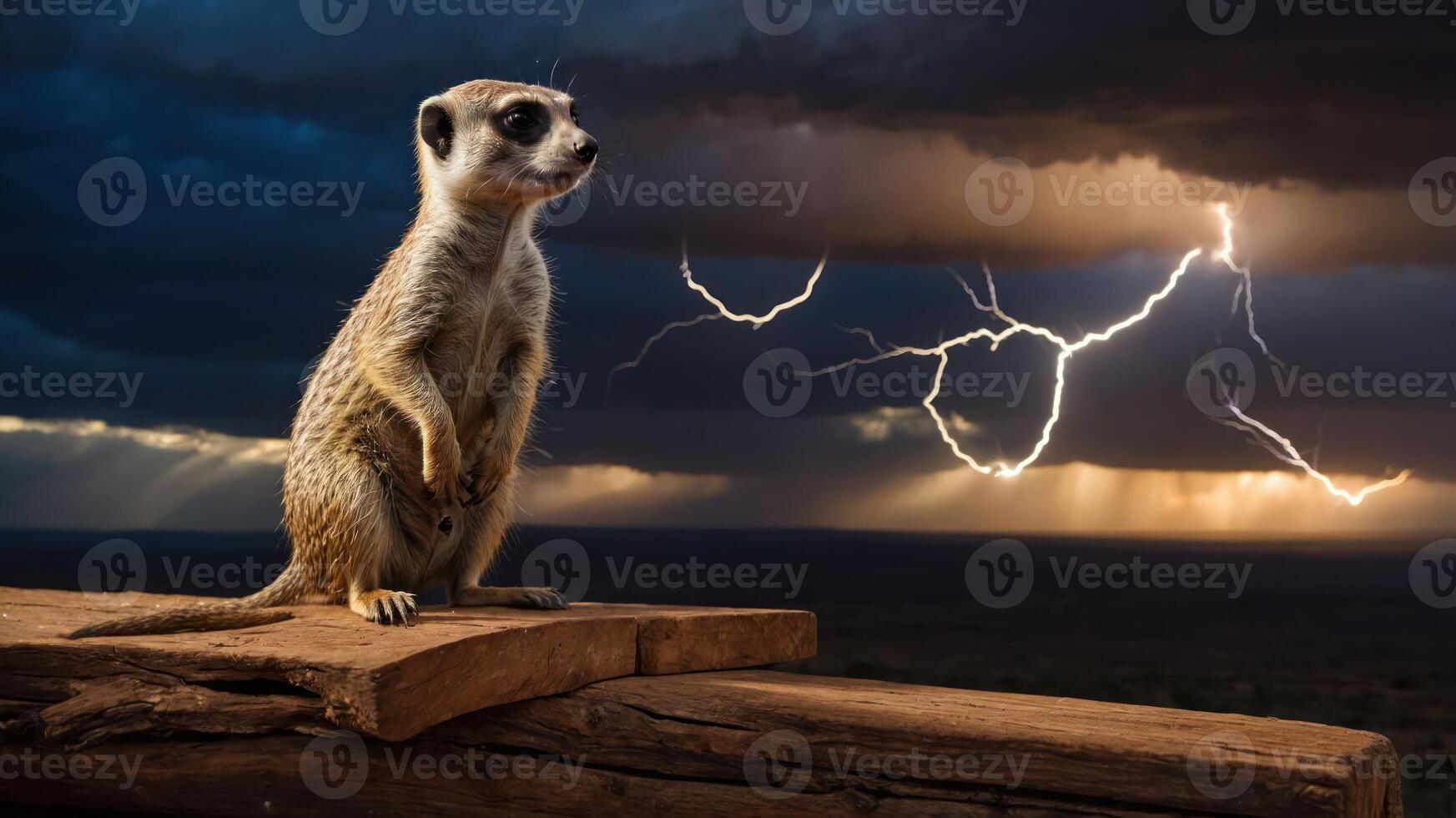 A meerkat stands on a log against a dramatic stormy sky with lightning in the background. photo