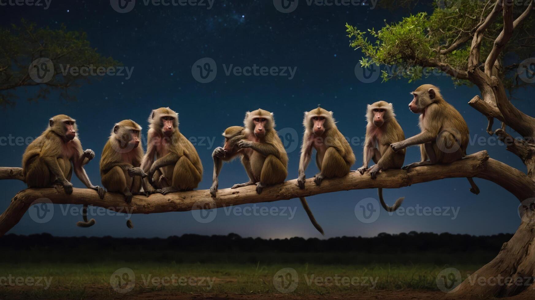 A group of baboons sitting on a branch under a starry night sky. photo