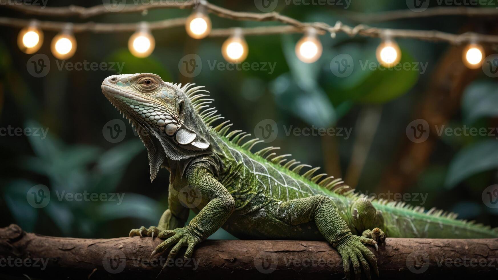 A green lizard resting on a branch with decorative lights in a lush environment. photo