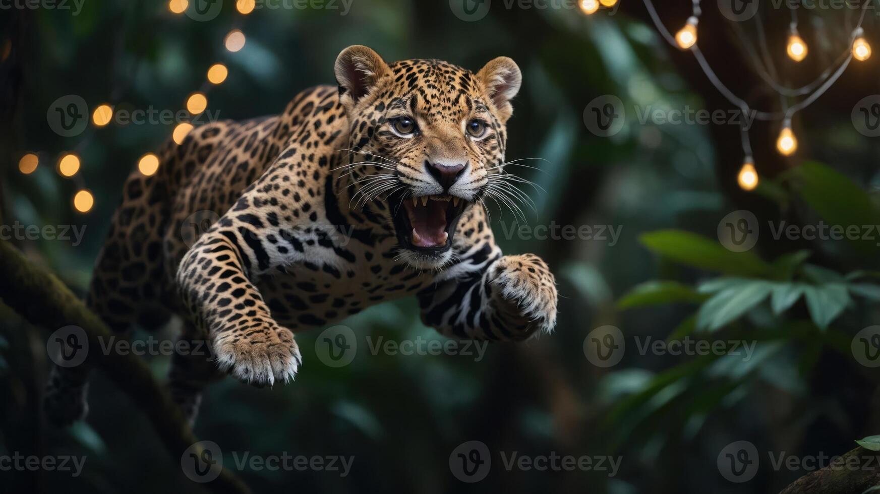A jaguar leaps through a lush jungle, showcasing its powerful presence among greenery. photo