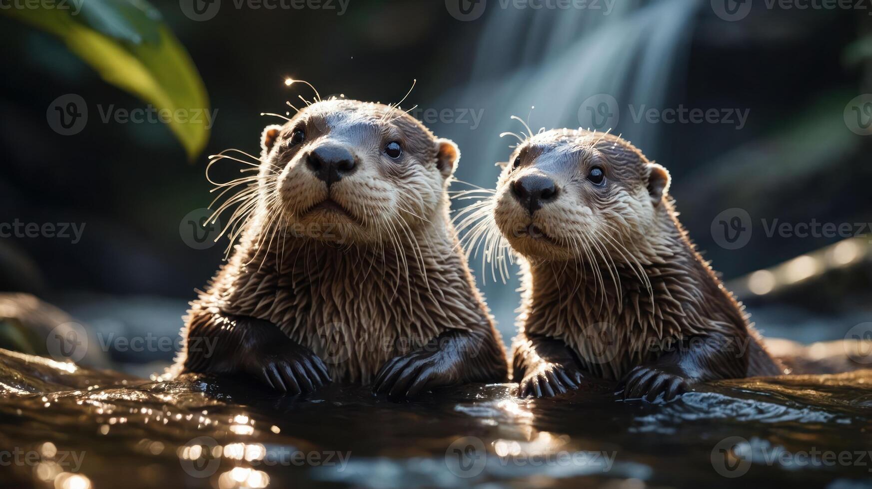Two otters sitting in water, surrounded by a natural environment with a waterfall. photo