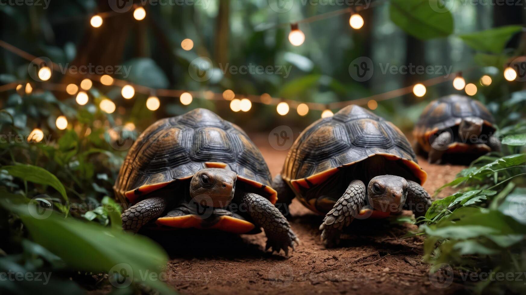 Three tortoises walking along a path in a lush environment adorned with string lights. photo