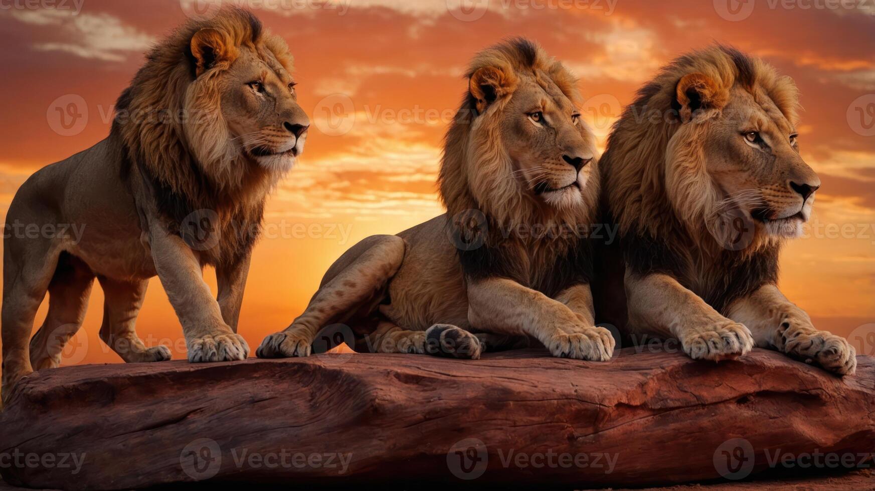 Three lions resting on a rock at sunset, showcasing their majestic presence and beauty. photo