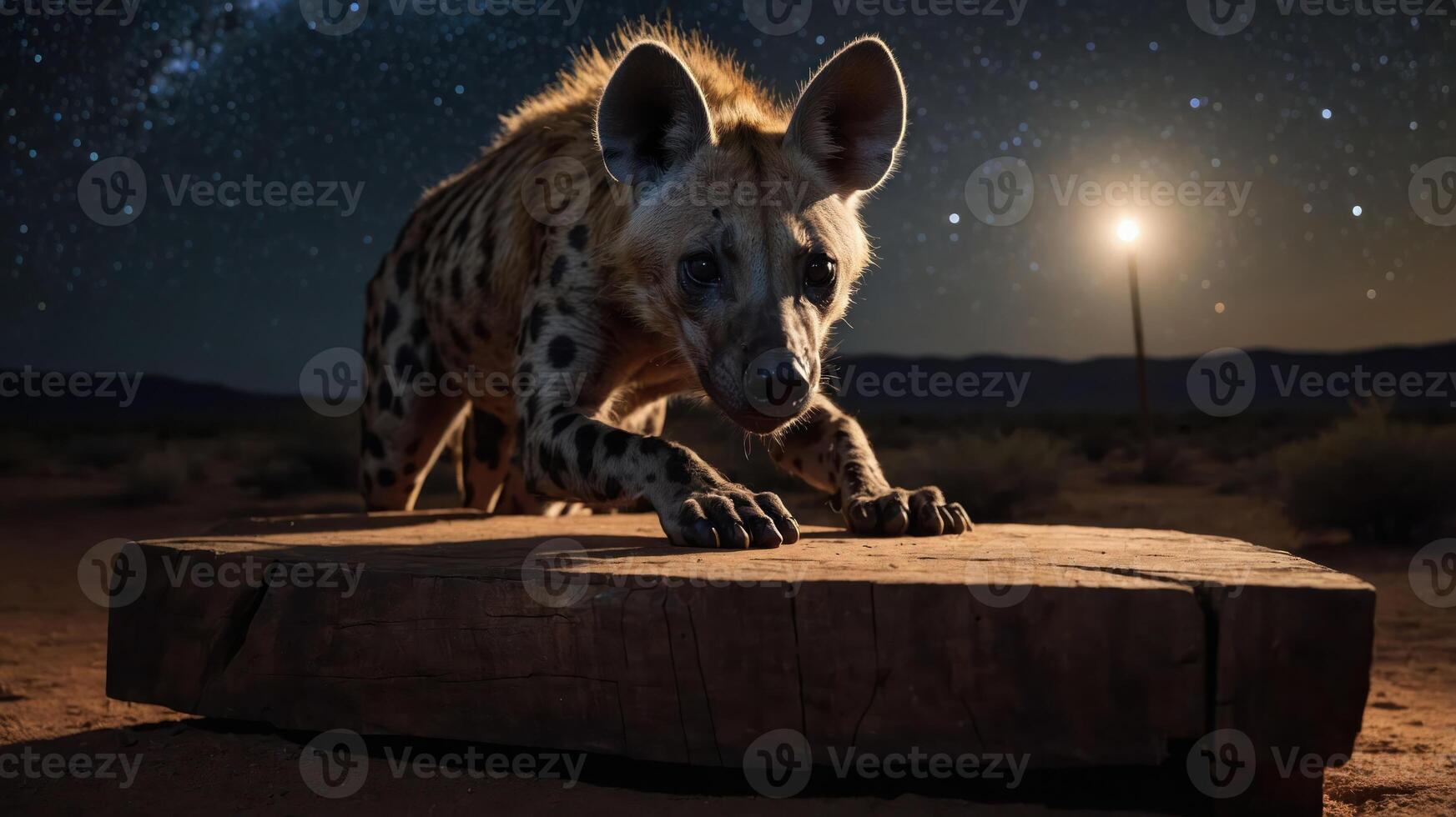 A hyena prowls on a wooden surface under a starry night sky, illuminated by distant light. photo