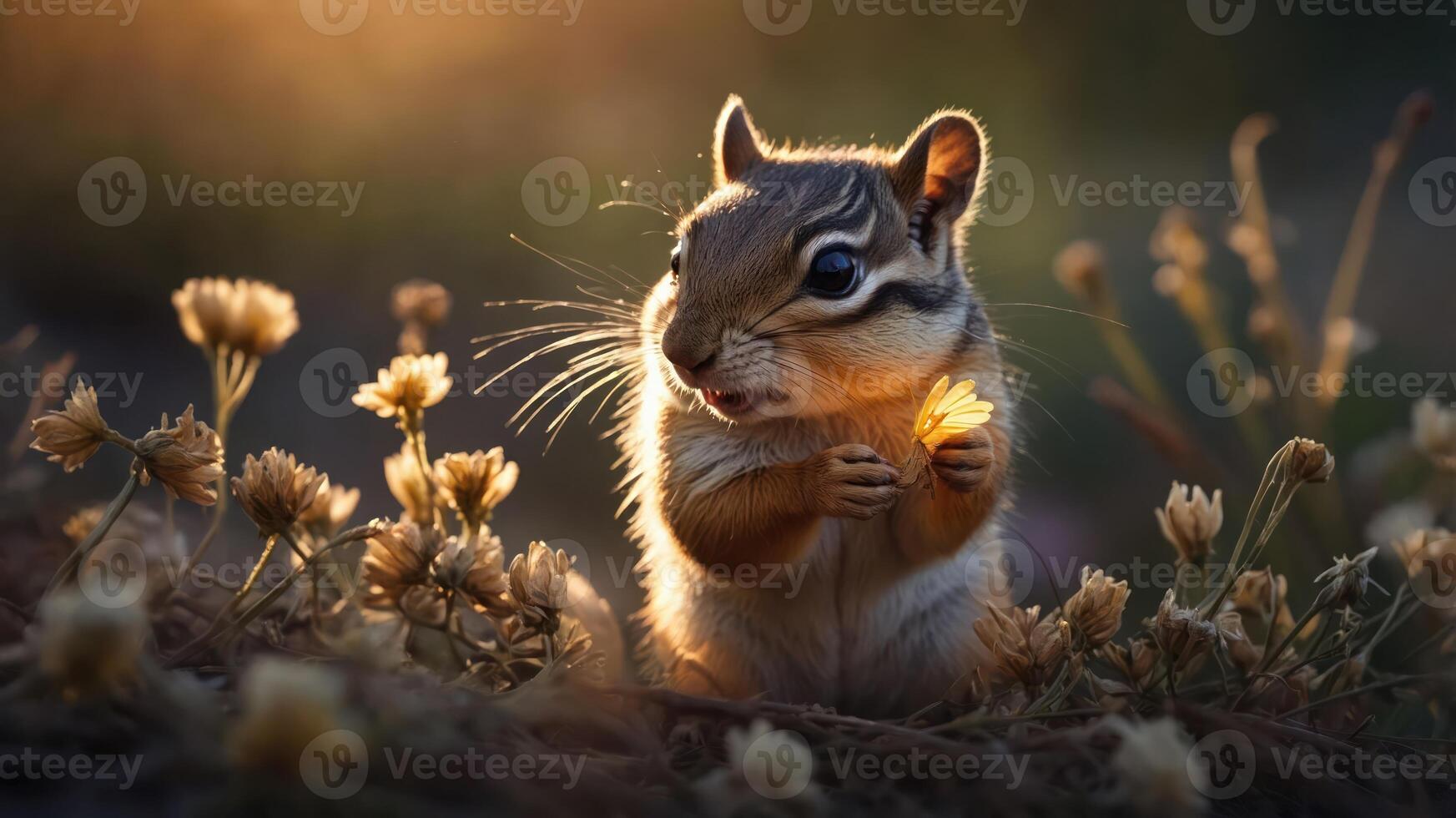 A chipmunk holding a flower amidst soft, glowing flowers in a serene natural setting. photo