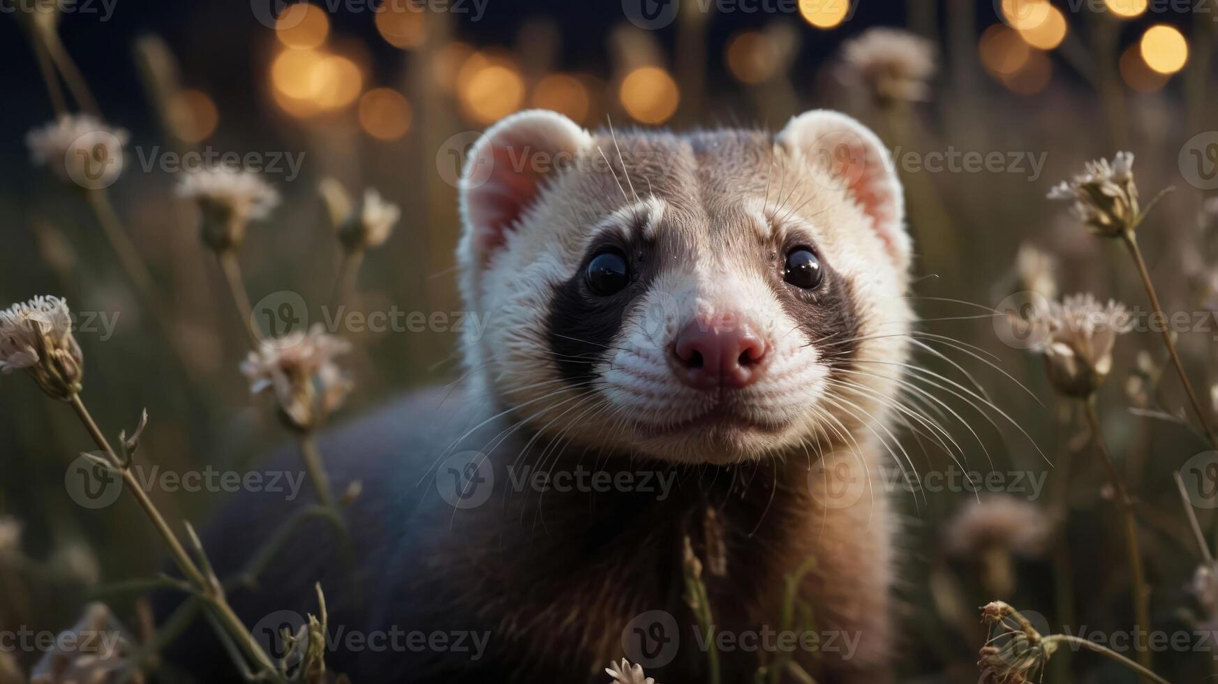 A close-up of a ferret in a field of flowers, showcasing its curious expression. photo