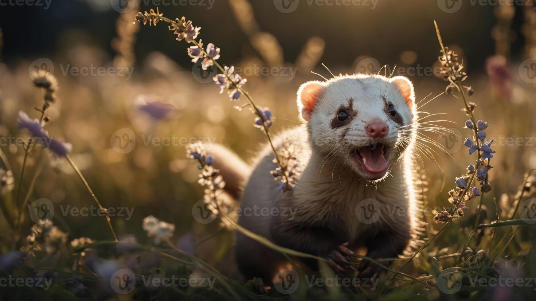 A playful ferret in a sunlit field surrounded by wildflowers. photo