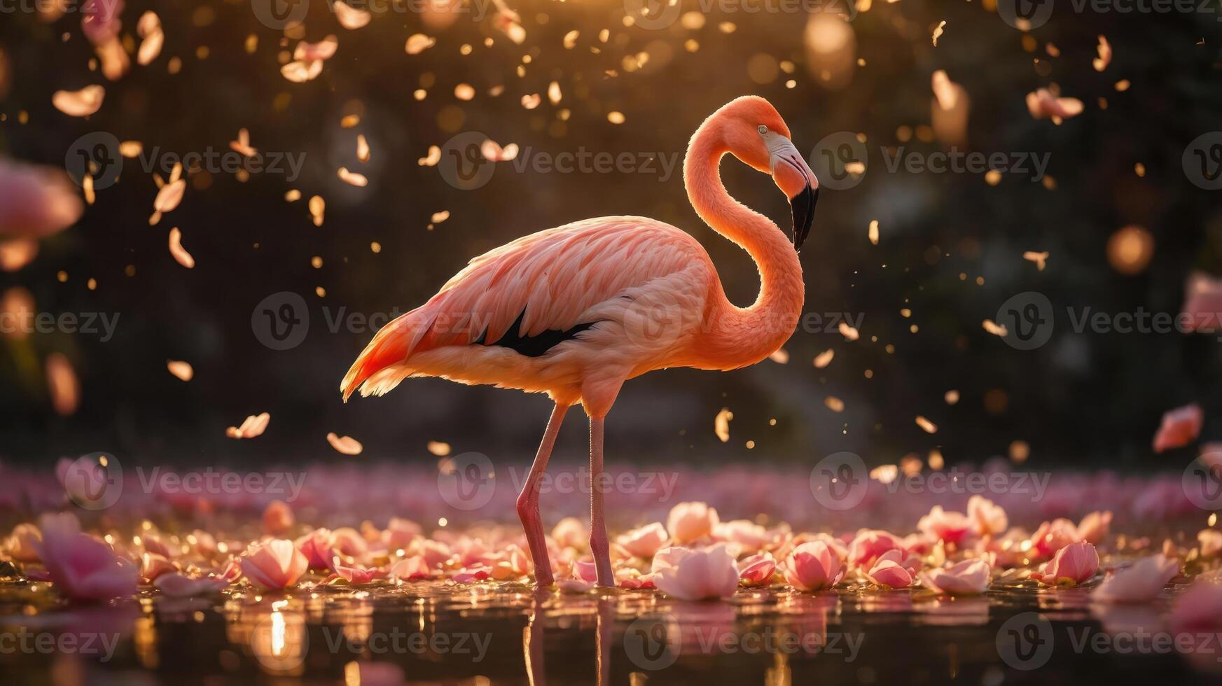A serene flamingo stands amidst rose petals, illuminated by soft, golden light. photo