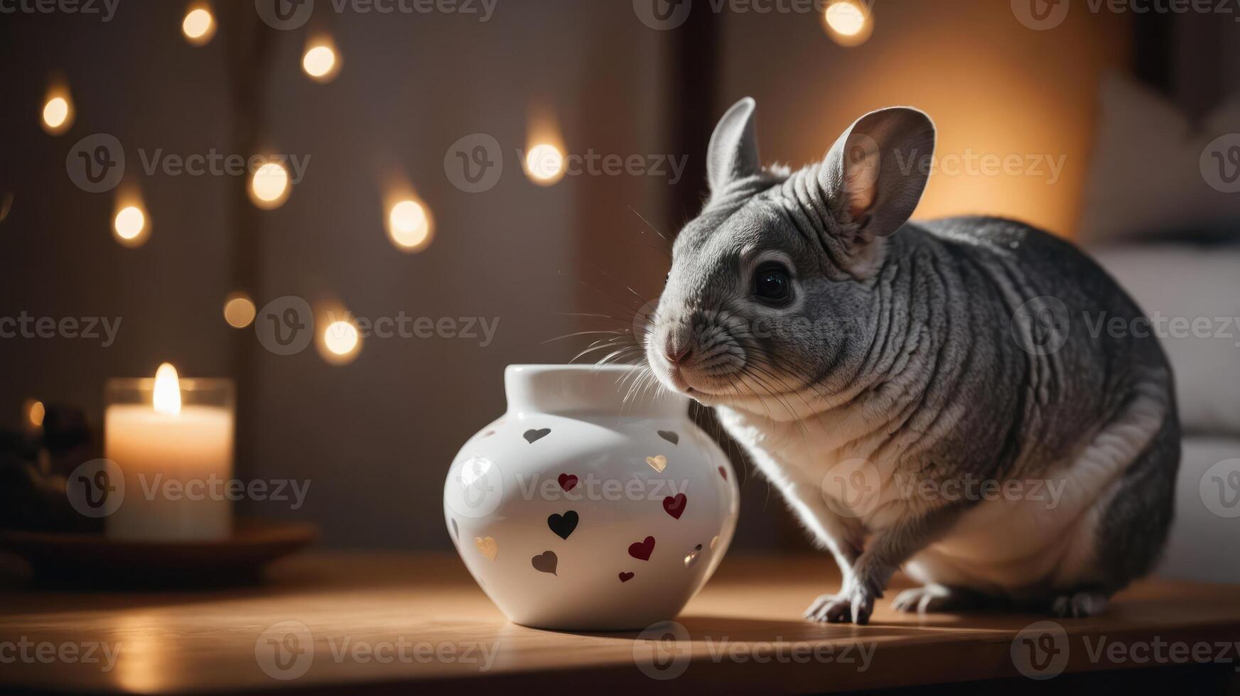 A chinchilla curiously examines a decorative vase on a table in a cozy, softly lit setting. photo