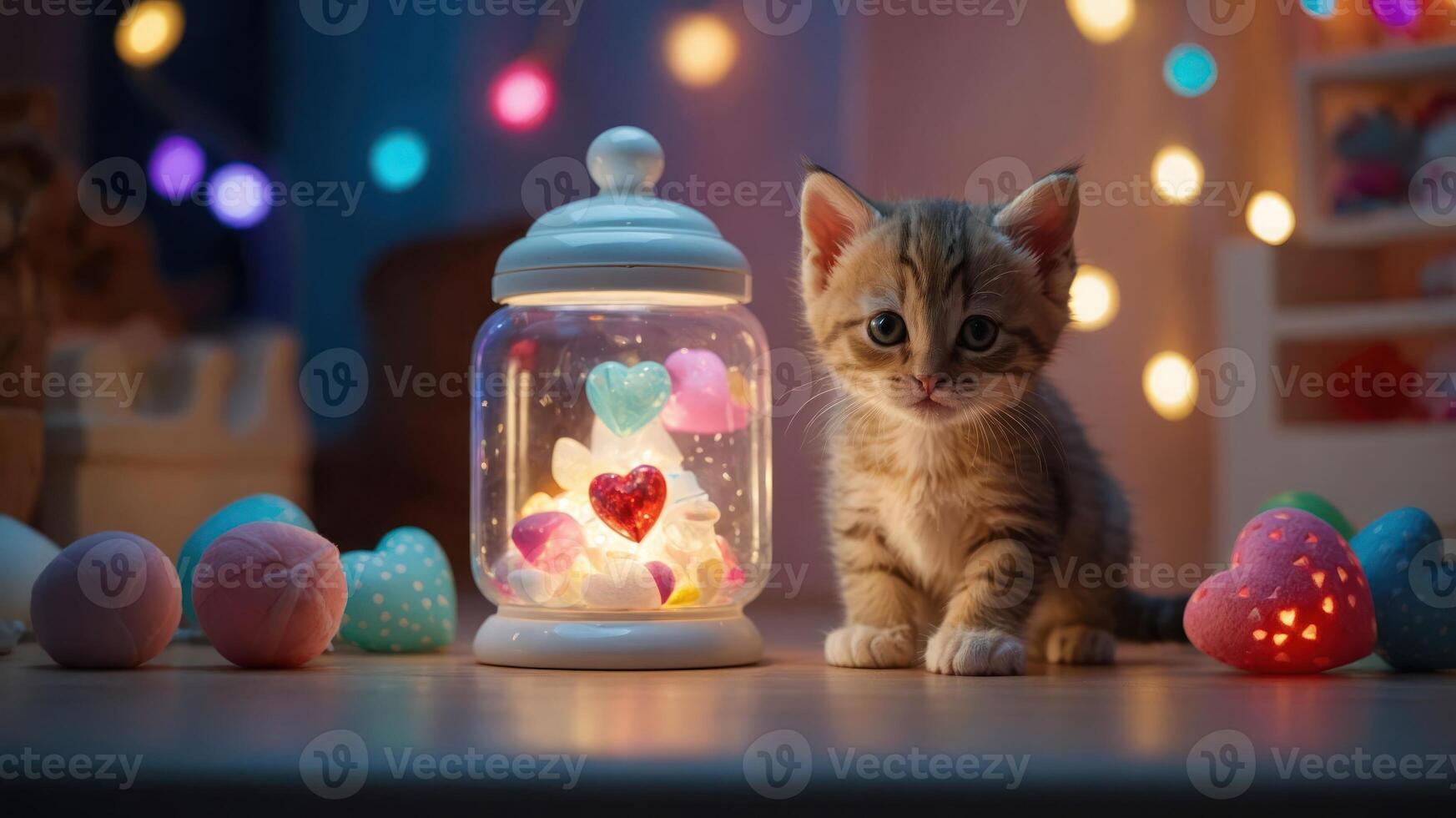 A playful kitten beside a glowing jar filled with colorful hearts and soft decorations. photo