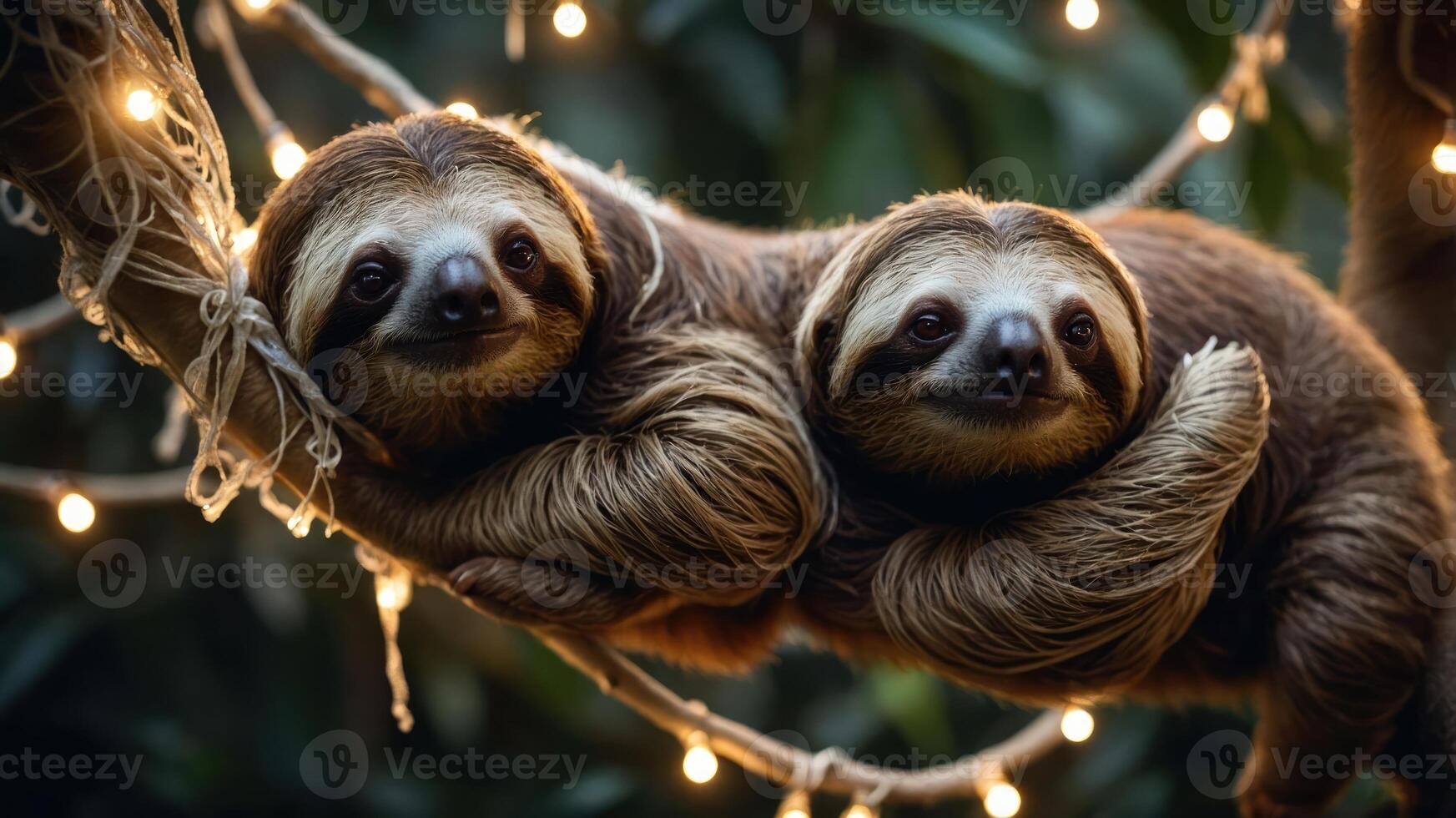 Two sloths resting on a branch adorned with fairy lights in a lush environment. photo