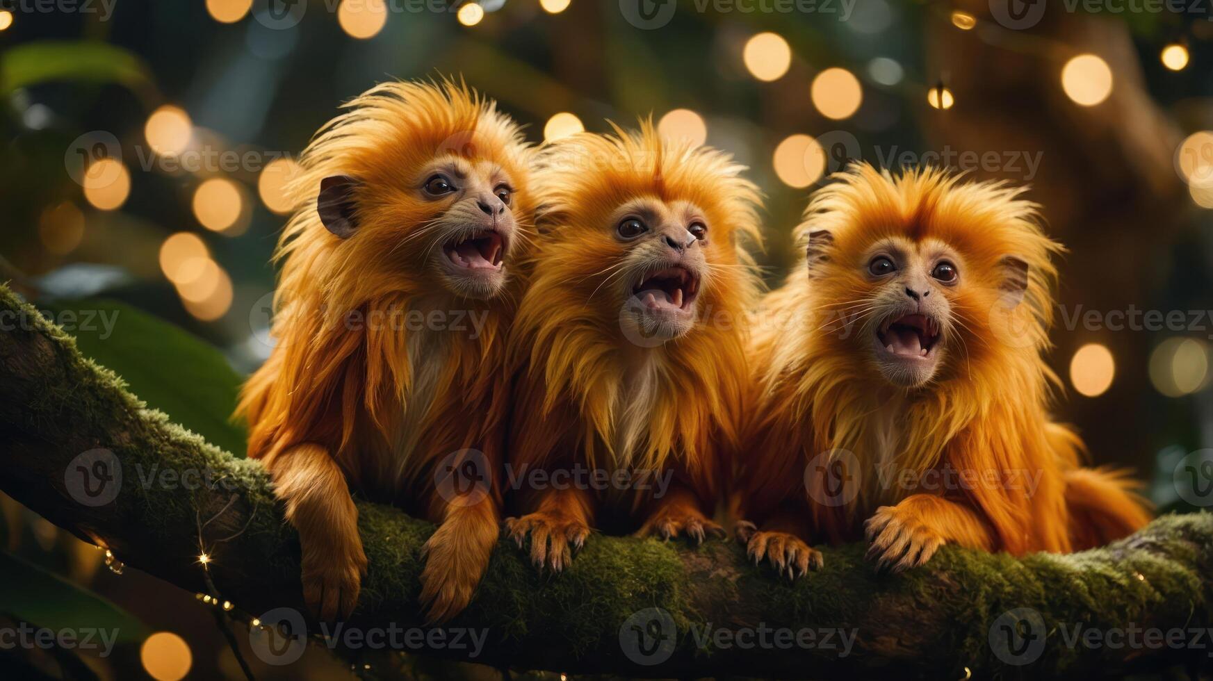 Three golden monkeys with vibrant fur sitting on a branch amidst soft glowing lights. photo