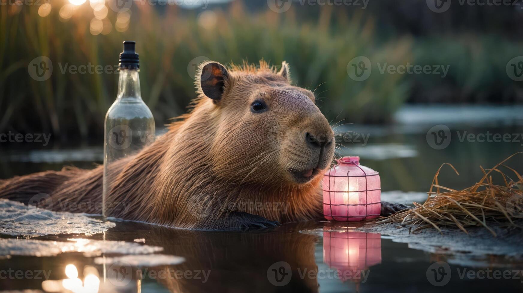 A capybara relaxing by a pond with a bottle and lantern at sunset. photo
