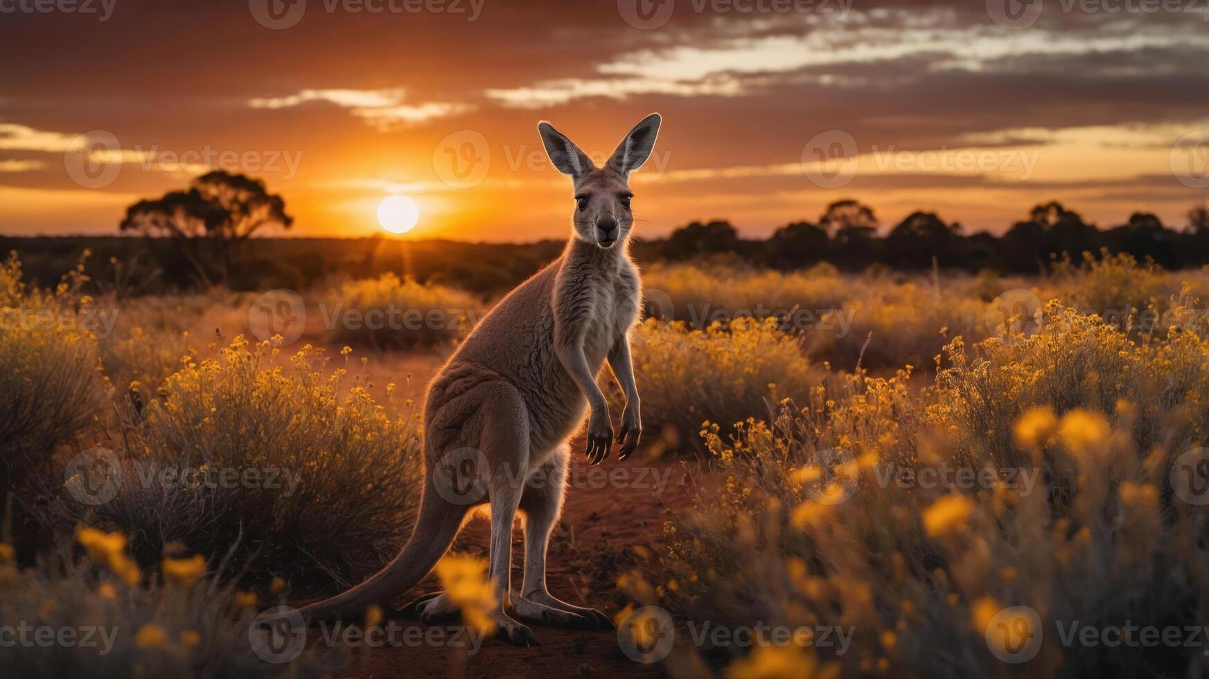 A kangaroo stands in a field of flowers at sunset, showcasing the beauty of nature. photo