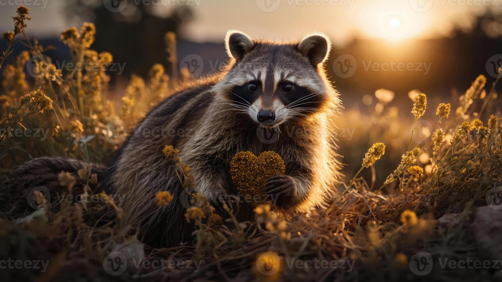 A raccoon holding a heart-shaped flower in a serene sunset setting. photo