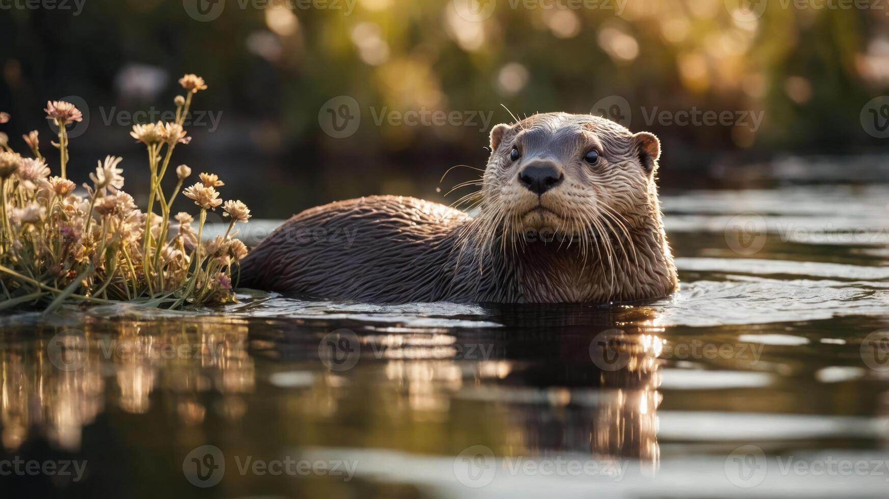 A serene otter swimming in a tranquil pond surrounded by flowers. photo