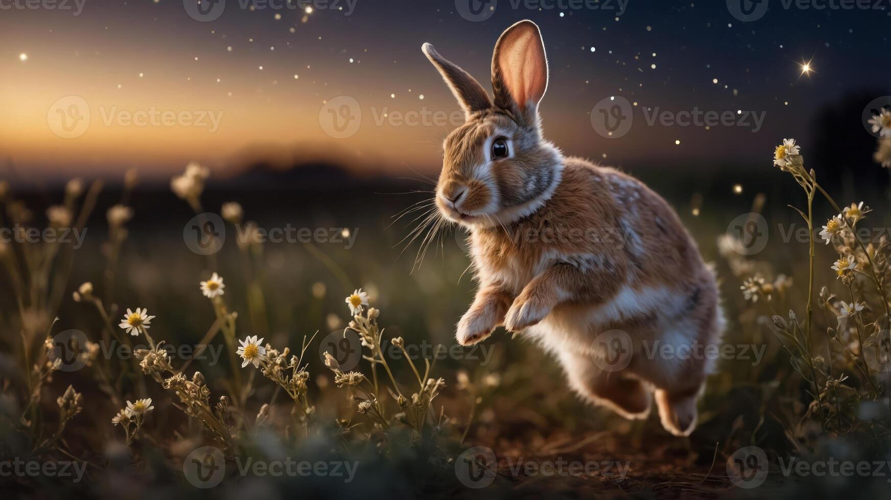A rabbit leaps through a field of flowers under a starry sky at dusk. photo
