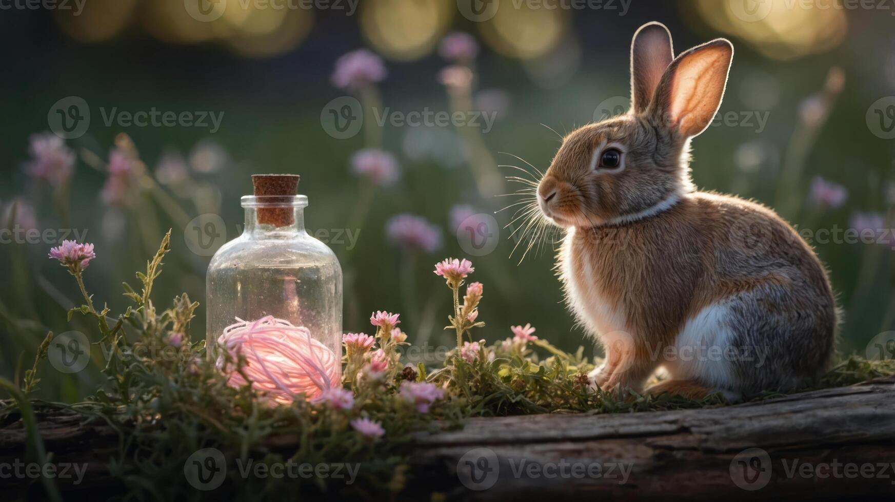 A serene rabbit beside a glowing bottle in a flower-filled meadow. photo