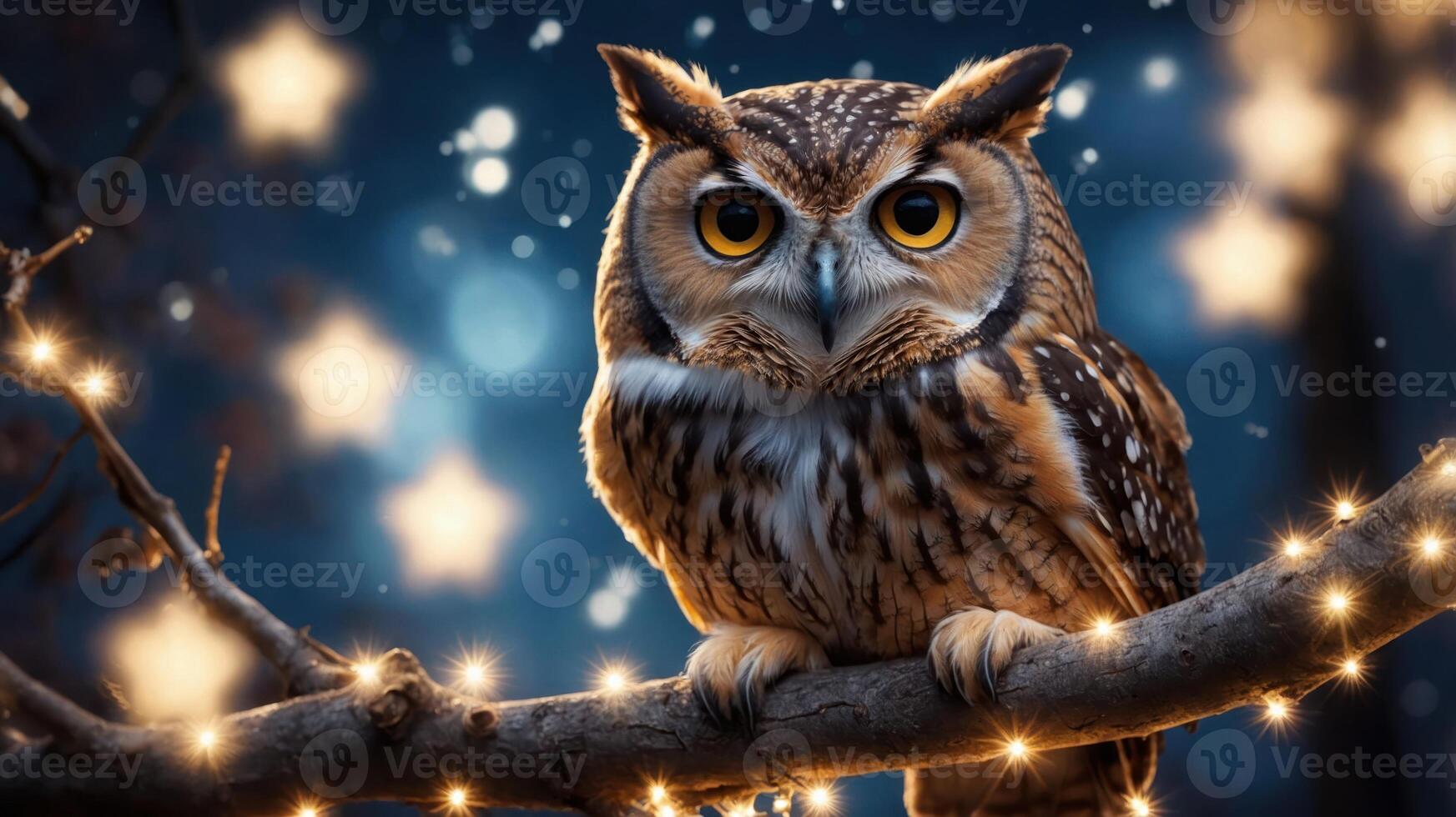 An owl perched on a branch surrounded by glowing stars and a night sky. photo