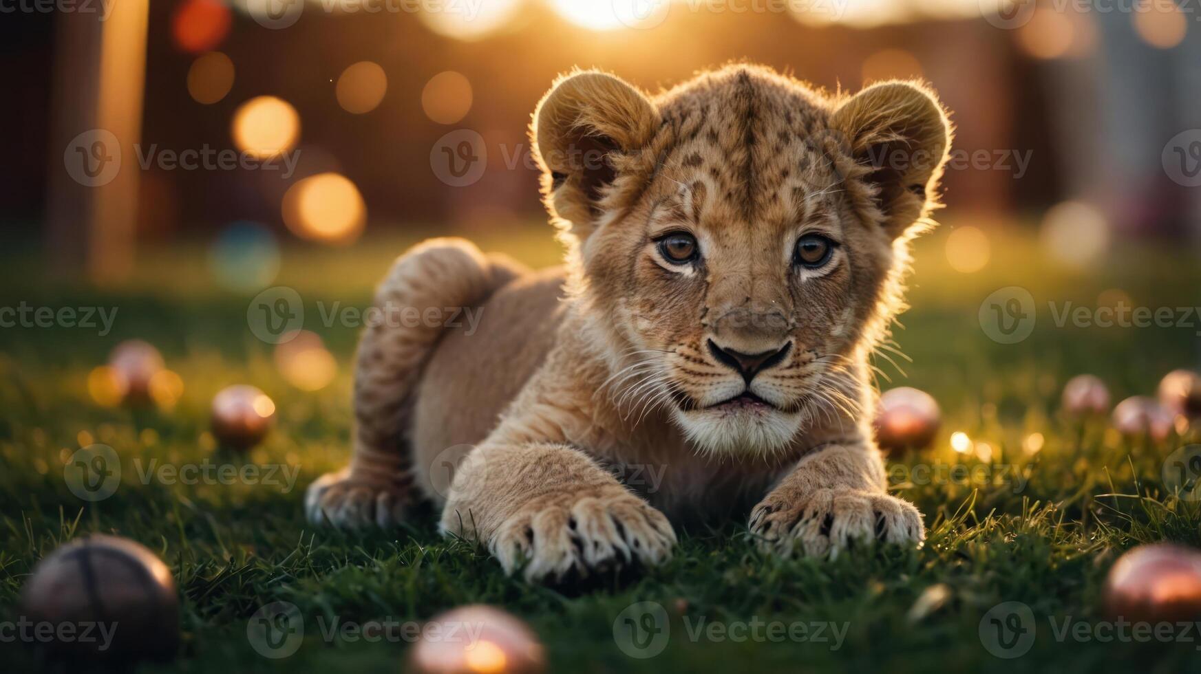 A playful lion cub lying on grass surrounded by colorful ornaments in a warm, sunny setting. photo
