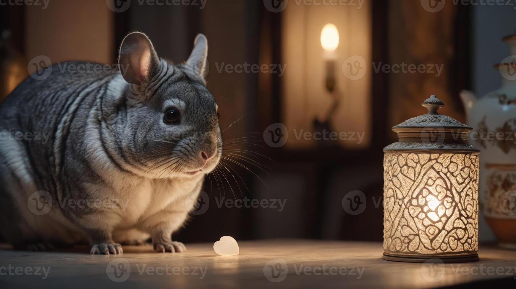 A chinchilla sits beside an ornate lantern, creating a cozy, warm atmosphere. photo