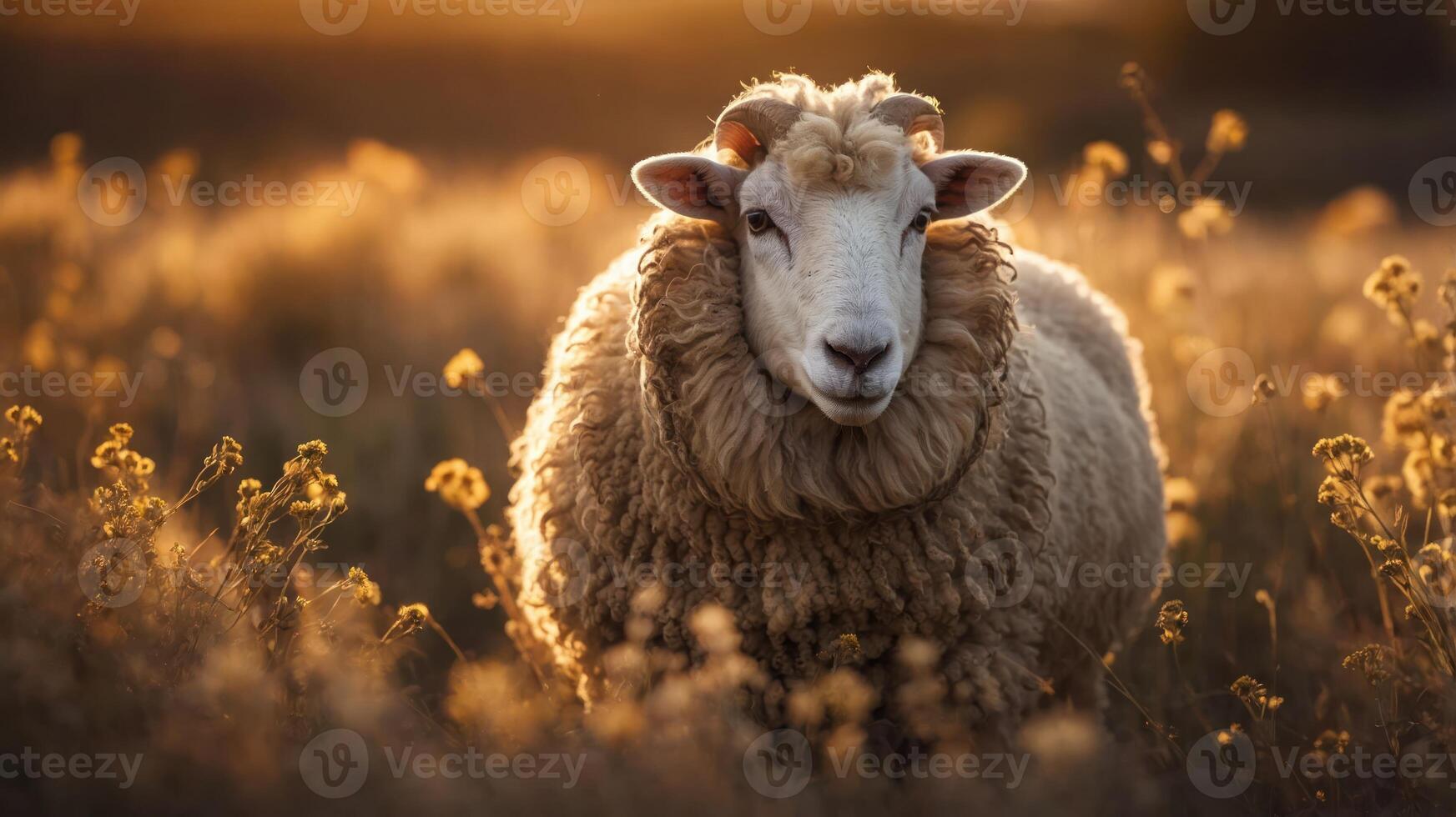 A sheep stands in a sunlit field surrounded by wildflowers, capturing a serene moment in nature. photo