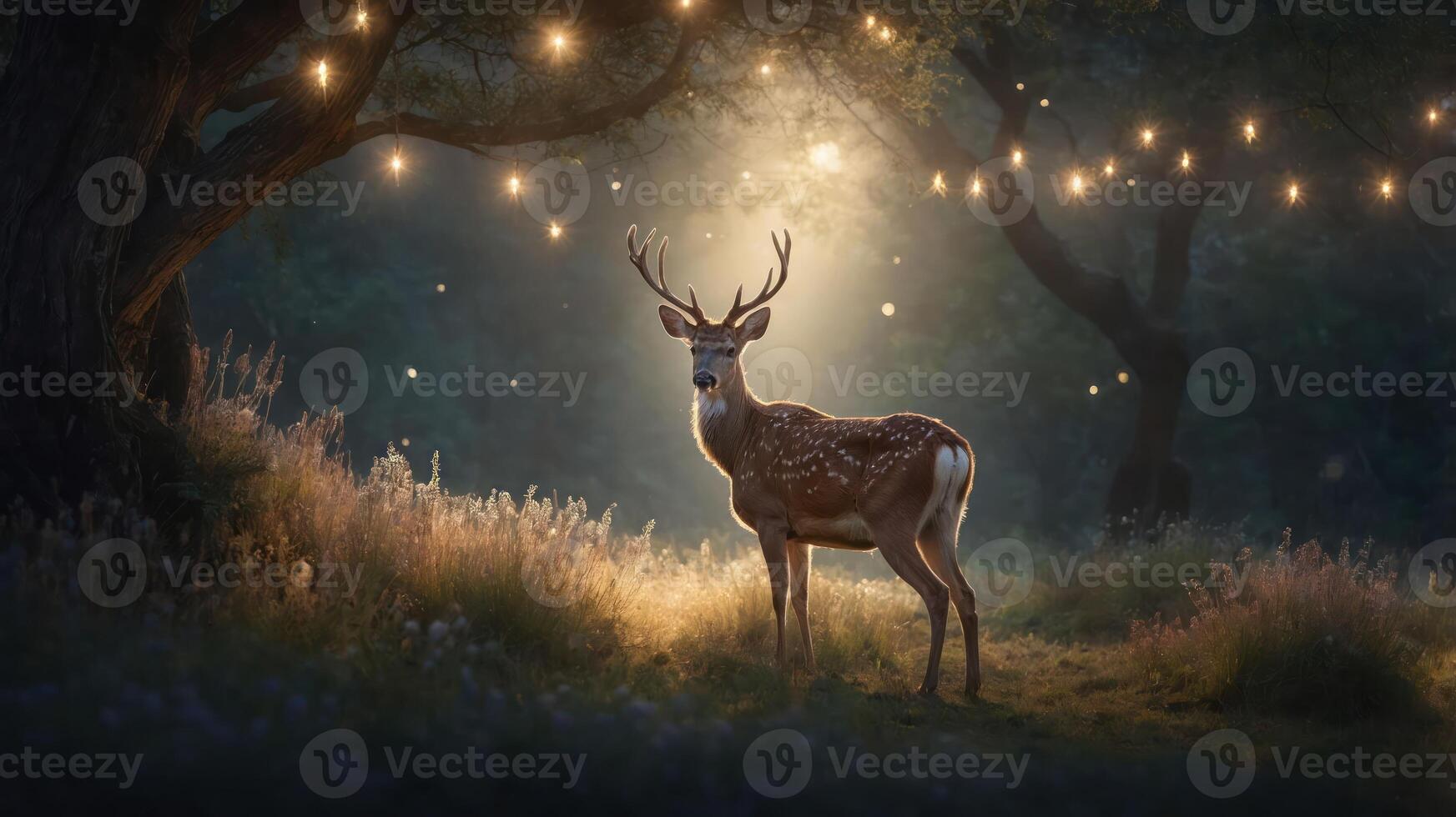 A serene deer stands illuminated by soft lights in a tranquil forest setting. photo