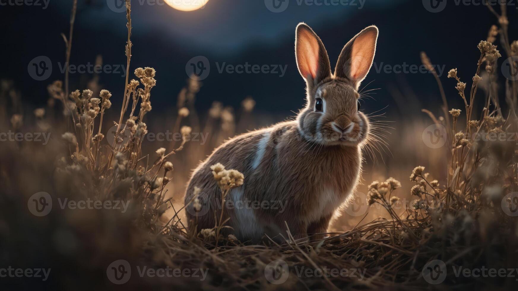 A serene rabbit sits in a field at dusk, illuminated by soft moonlight. photo