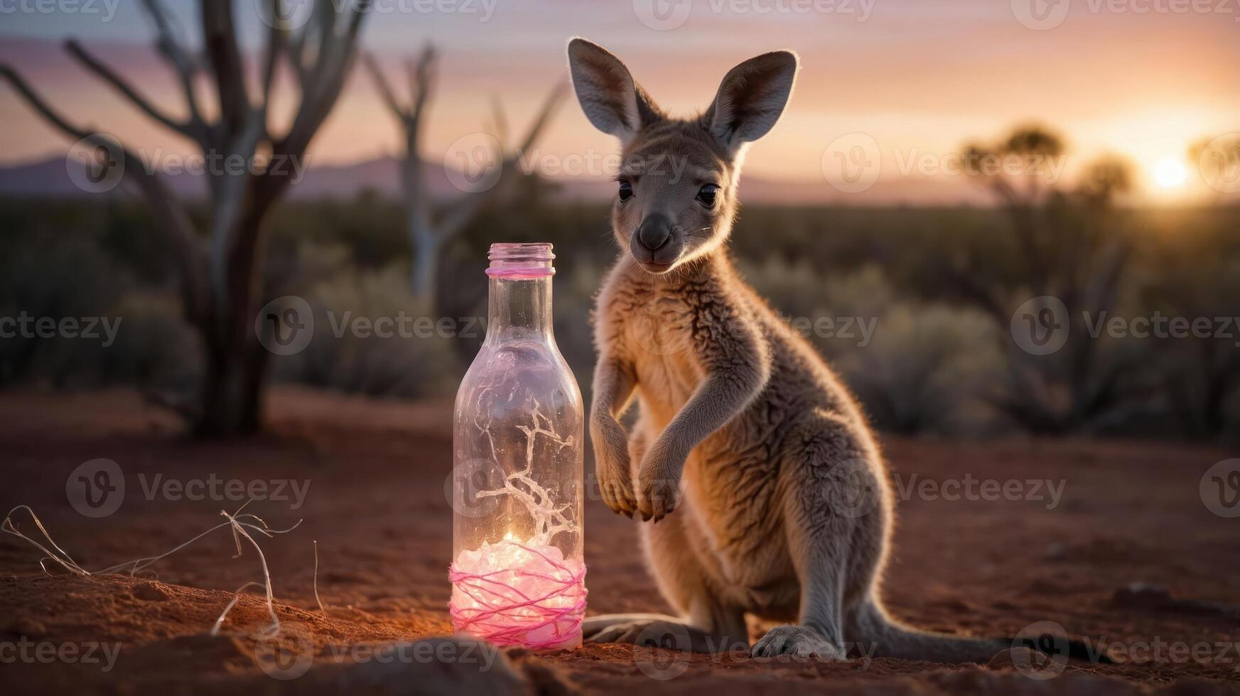 A kangaroo stands beside a glowing bottle in a serene desert landscape at sunset. photo