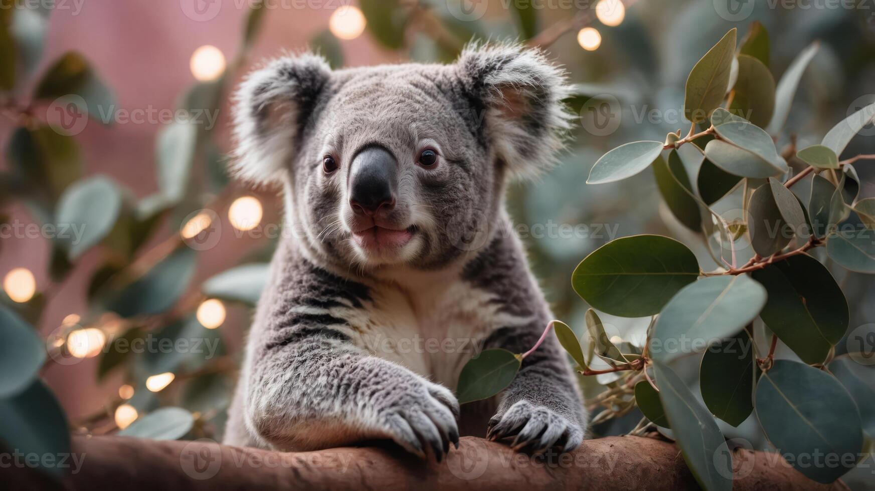 A close-up of a koala resting among leaves with soft lighting in the background. photo