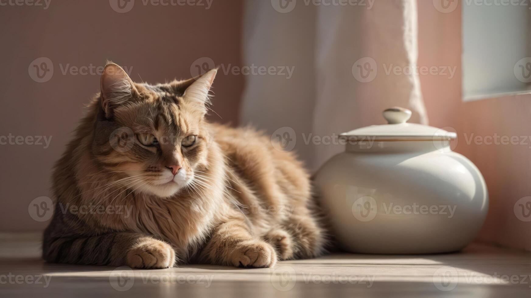 A serene cat lounging beside a decorative jar in soft natural light. photo
