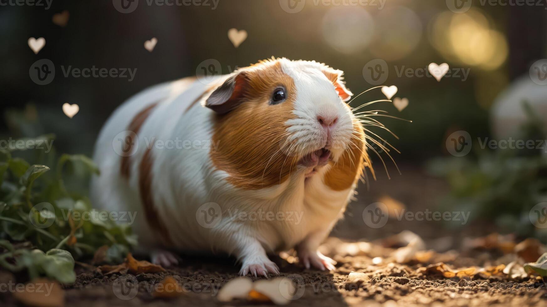 A cute guinea pig surrounded by greenery and hearts, conveying a playful and loving vibe. photo