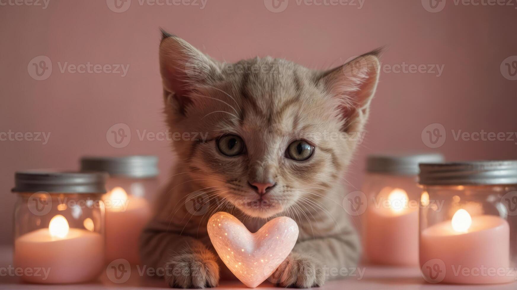 A cute kitten with a heart-shaped decoration surrounded by candles on a pink background. photo