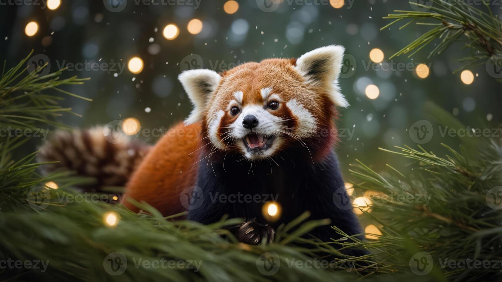 A red panda surrounded by pine branches and soft glowing lights in a wintery setting. photo