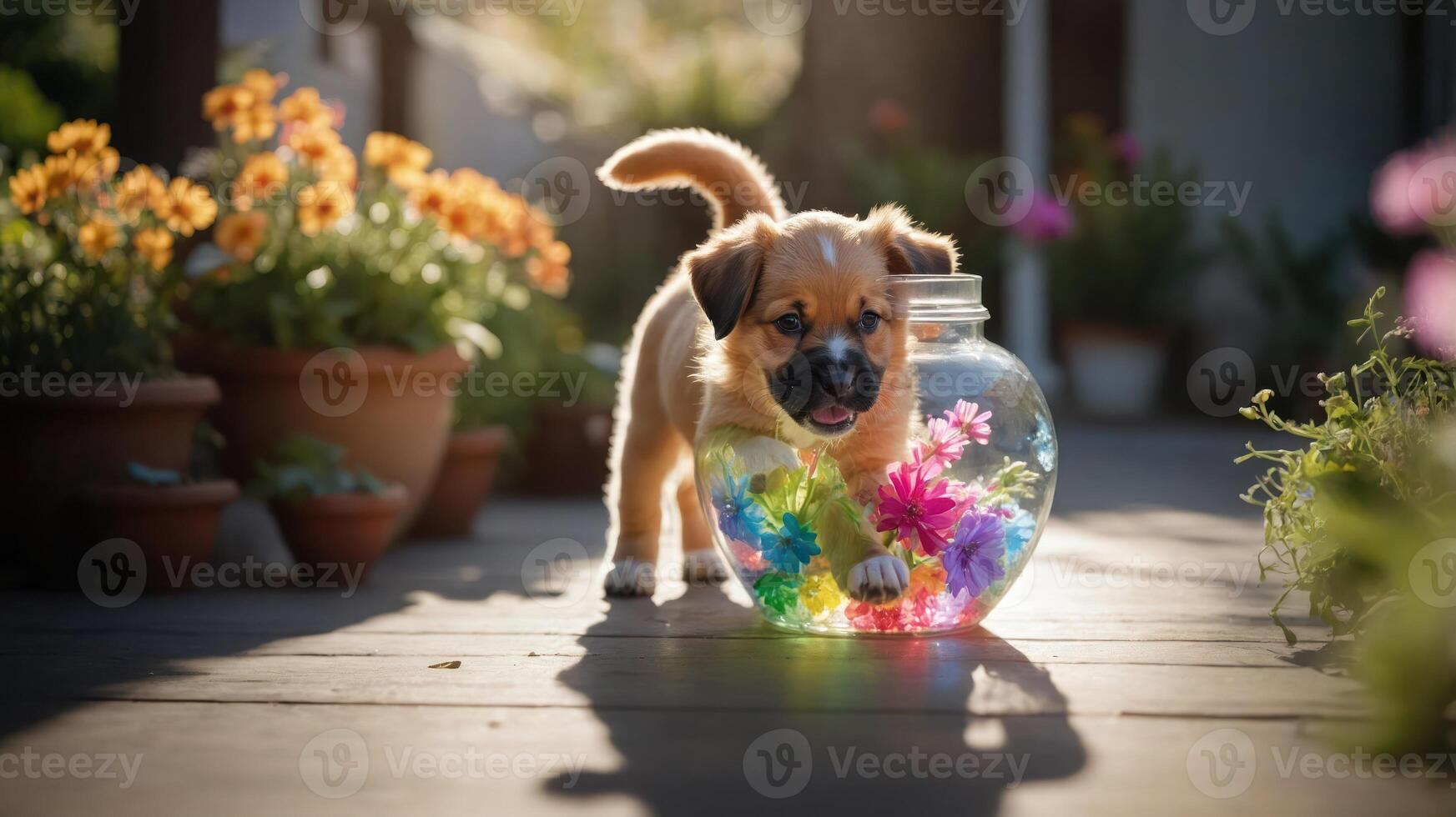 A playful puppy interacts with a colorful fishbowl amidst blooming flowers on a sunny day. photo