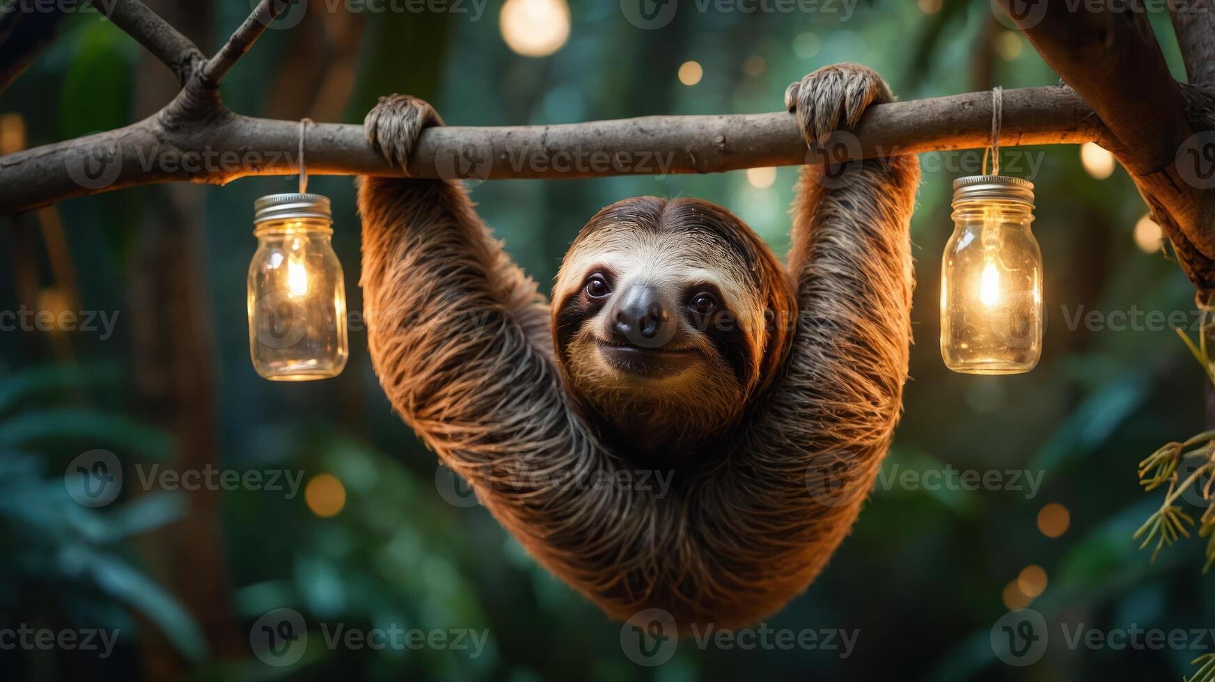 A sloth hanging from a branch with glowing jars in a lush, tropical setting. photo