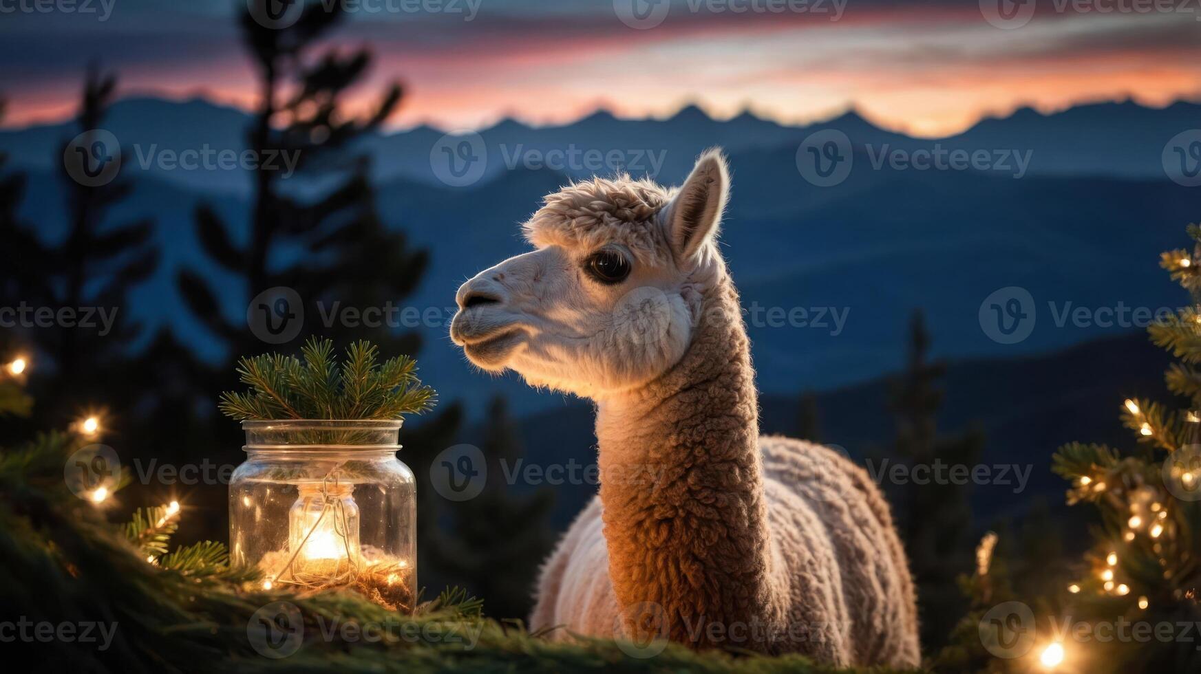 A serene llama surrounded by twinkling lights and nature at sunset. photo