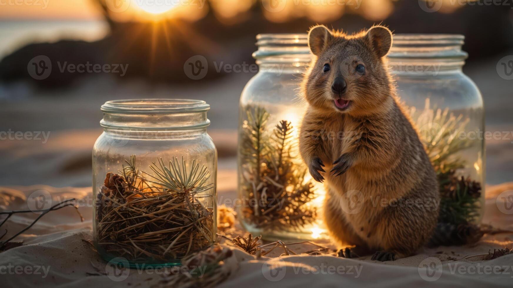 A quokka stands beside jars filled with pine branches on a beach at sunset. photo