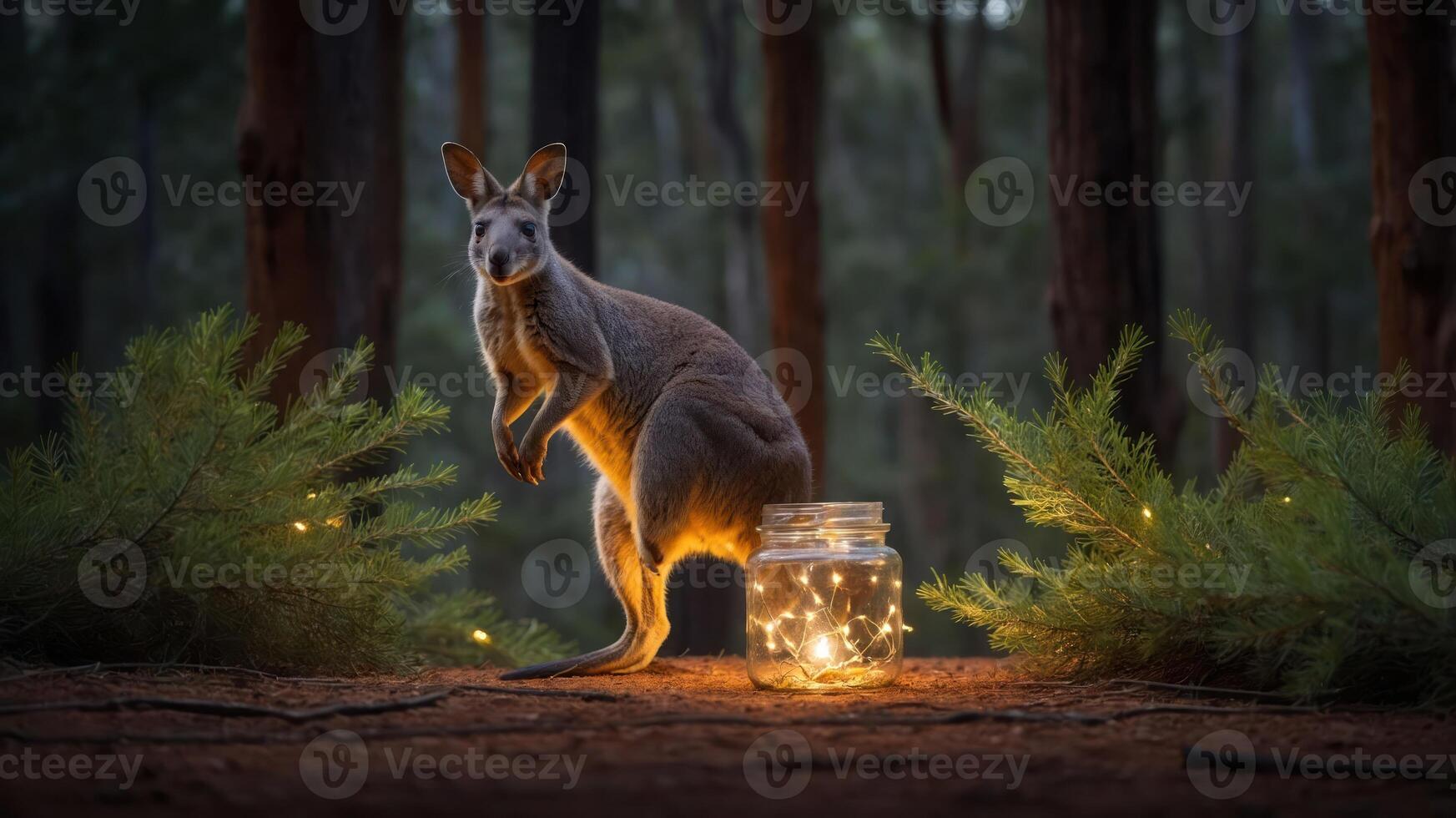 A kangaroo stands beside a jar of glowing lights in a serene forest setting. photo