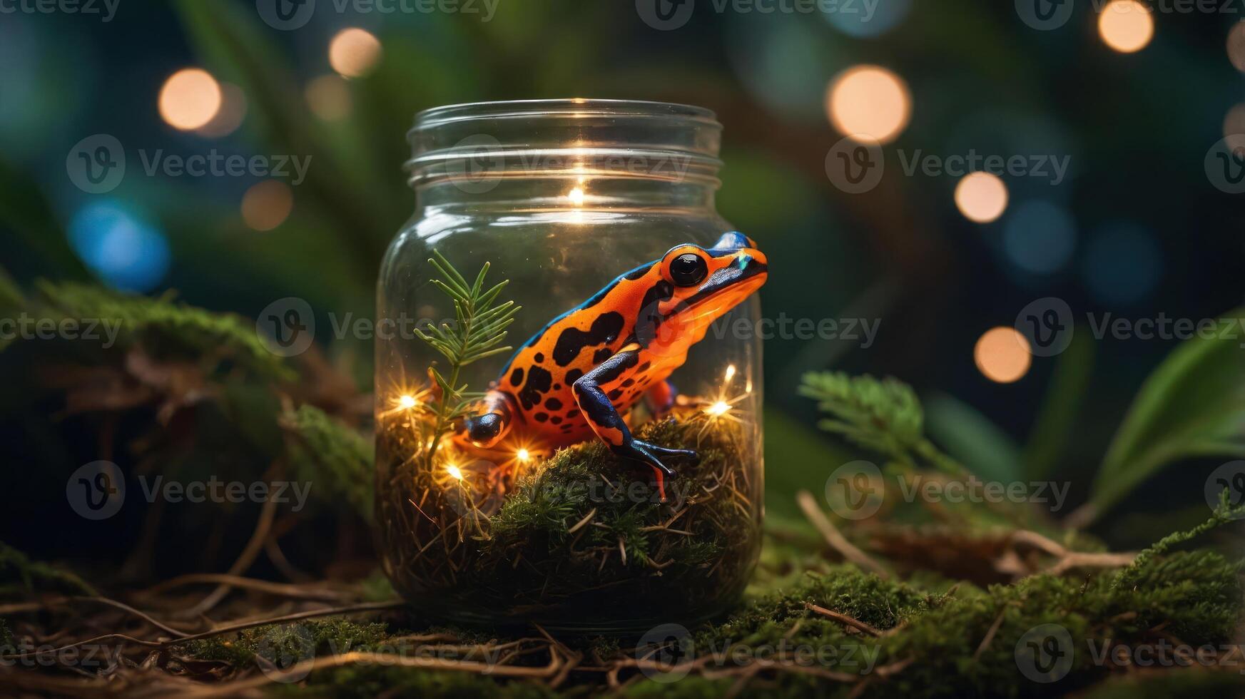 A vibrant frog inside a glass jar surrounded by greenery and soft lights. photo