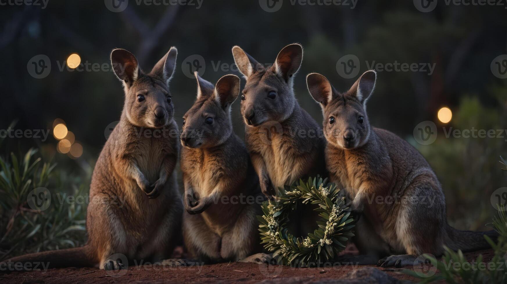 Four kangaroos gathered around a wreath in a natural setting during twilight. photo