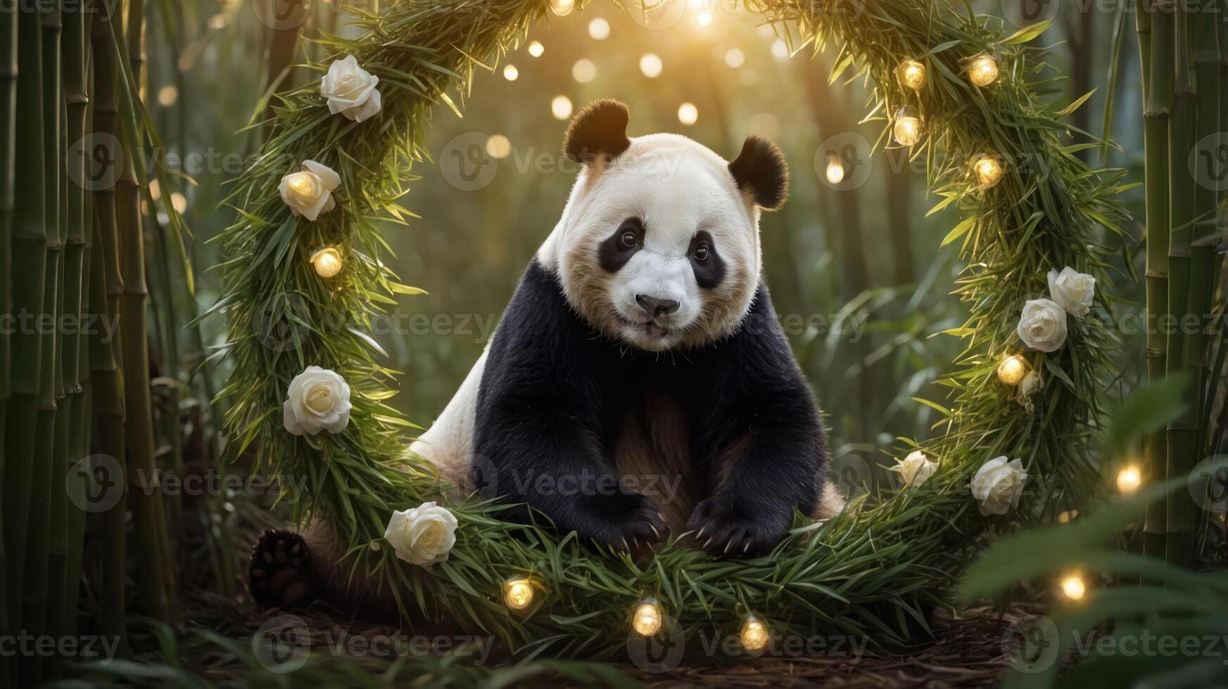 A panda sits in a floral wreath surrounded by bamboo and soft lights, creating a serene atmosphere. photo