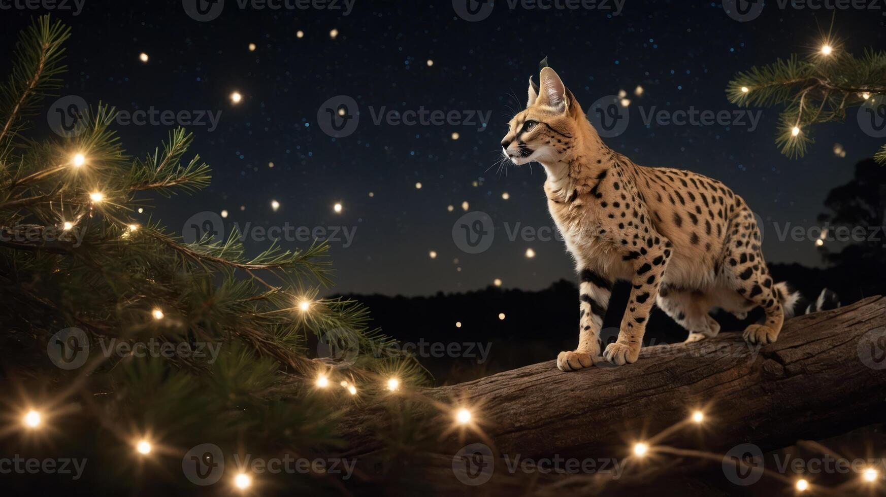 A serene scene featuring a serval cat amidst twinkling lights and a starry night sky. photo