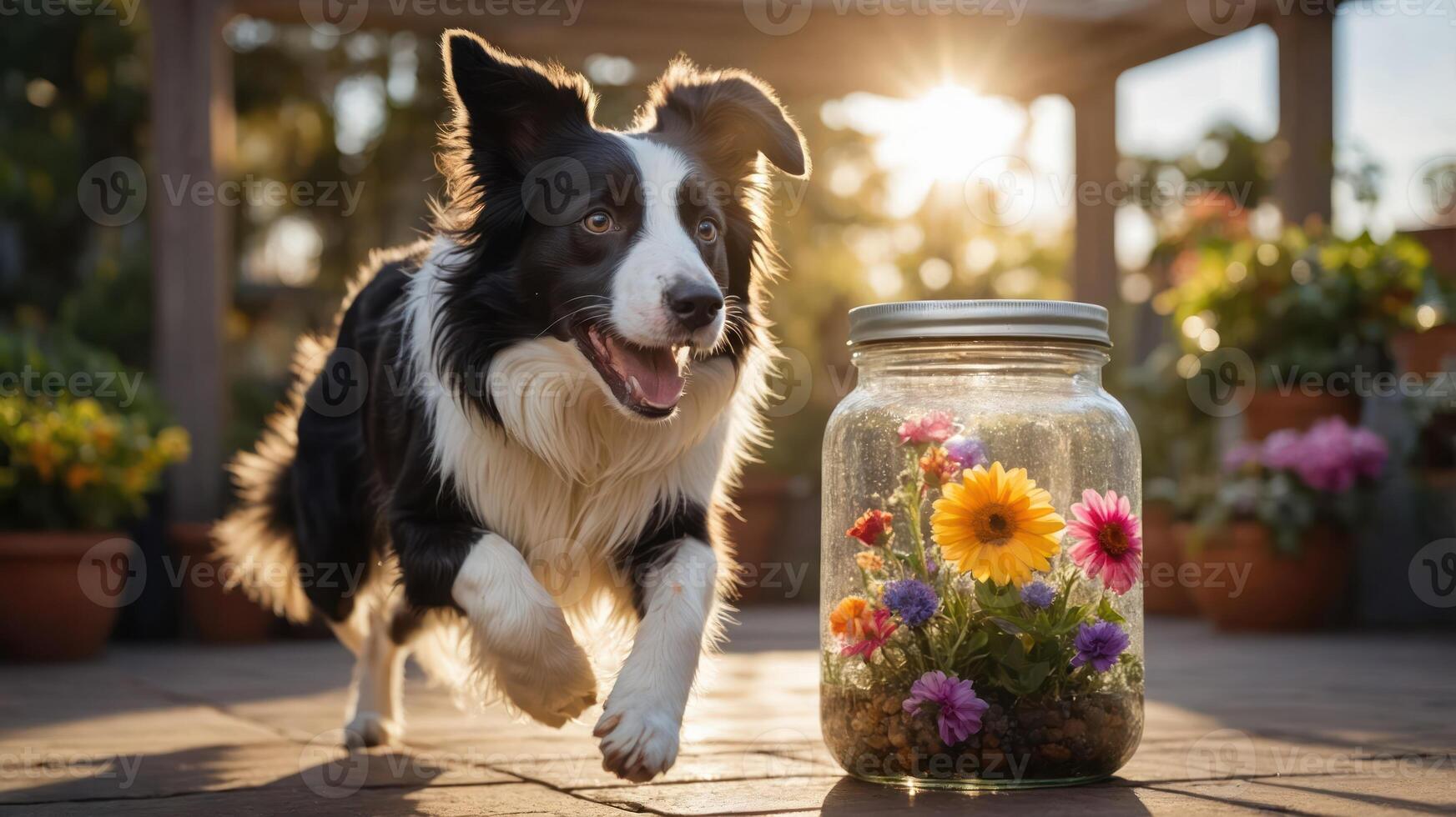 A playful dog runs beside a jar filled with vibrant flowers in a sunny garden setting. photo
