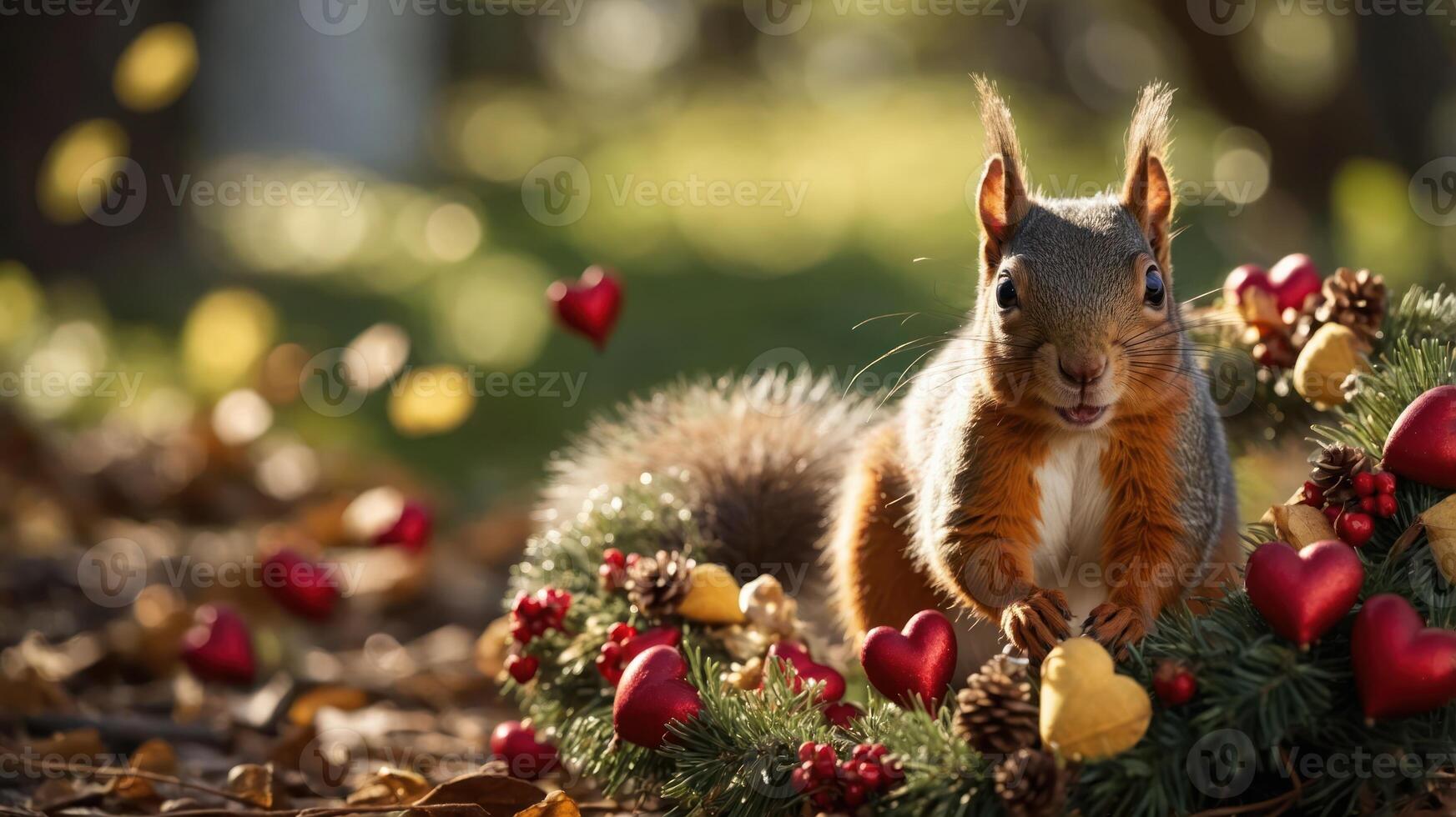 A squirrel surrounded by festive decorations in a natural setting. photo