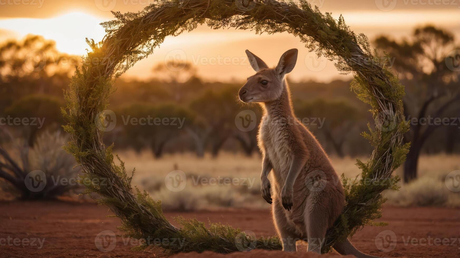 A kangaroo poses gracefully within a circular floral frame at sunset in a serene landscape. photo